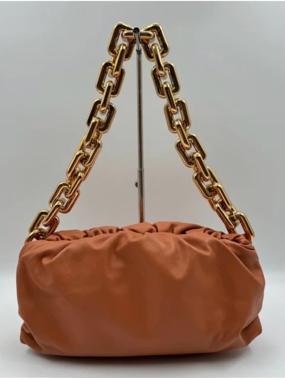 Bottega Veneta Rust Brown Padded Shoulder Bag with Gold Chain
